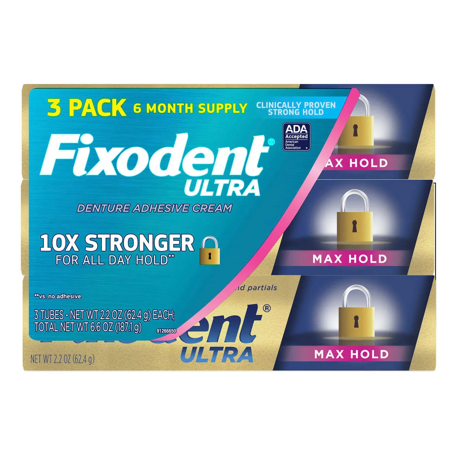 Fixodent Ultra Max Hold Secure Denture Adhesive 2.2oz, Pack of 3