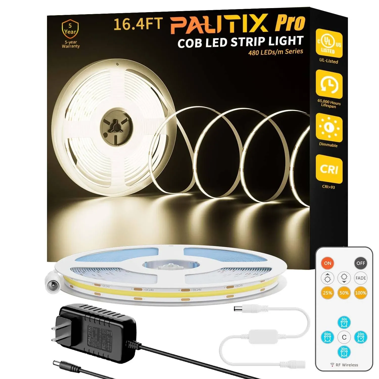 PAUTIX COB LED Strip Light 16.4ft/5m 2400LEDs Natural White 4000K,CRI93+ Super Bright High Lumen,Dimmable 24V Flexible LED Tape Light with RF Remote,24V 48W Power Supply,for Home&Office DIY Lighting