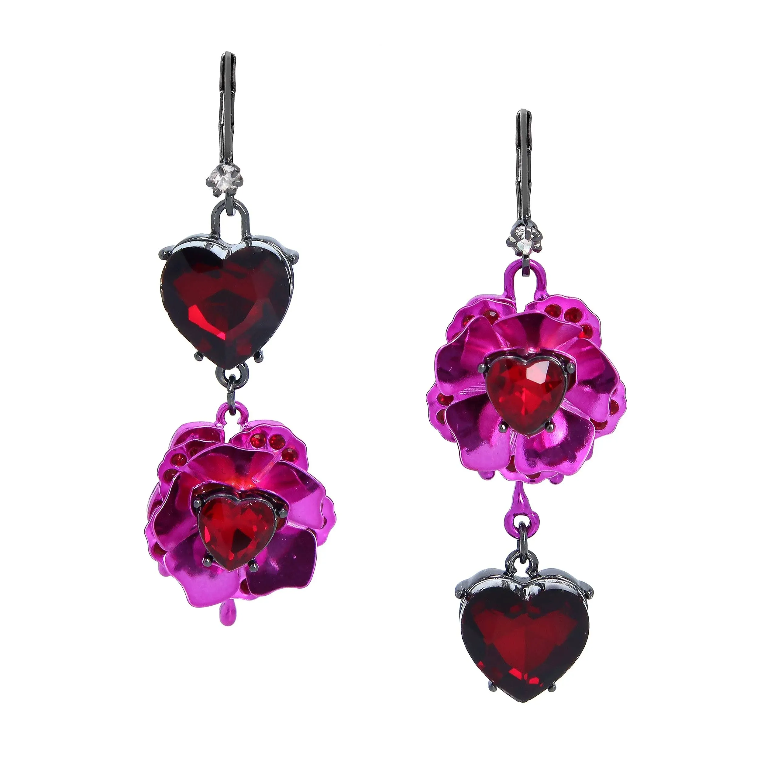 Betsey Johnson Flower Mismatch Drop Earrings - Fuchsia