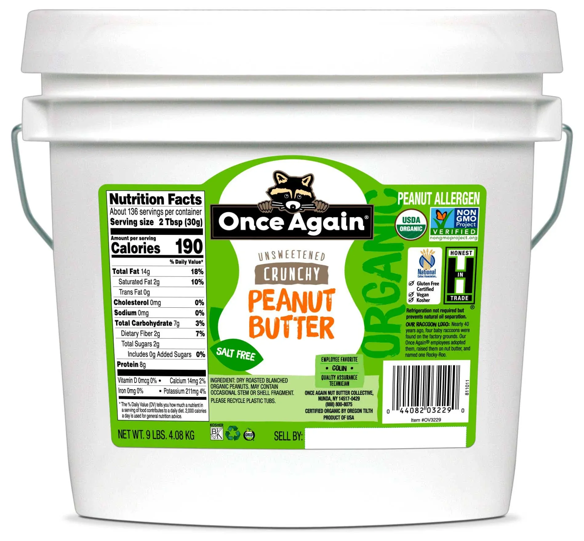 Once Again Organic, Crunchy Peanut Butter, No Salt, Unsweetened, 9lb Bucket