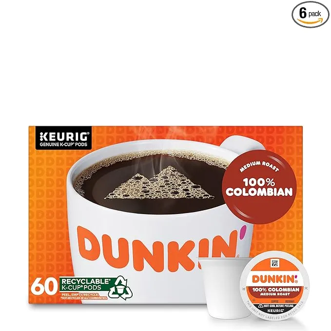 Dunkin' Colombian Medium Roast Coffee, 60 Keurig K-Cup Pods