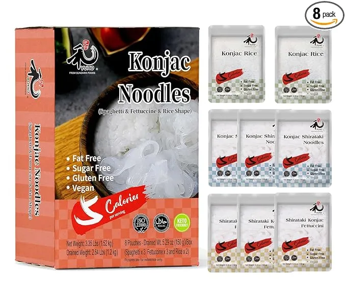 YUHO Shirataki Konjac Variety 8 Pack (Angel Hair Noodles, Rice & Fettuccine) Vegan, Gluten Free, Keto, Low-Calorie Noodles 53.61 Oz