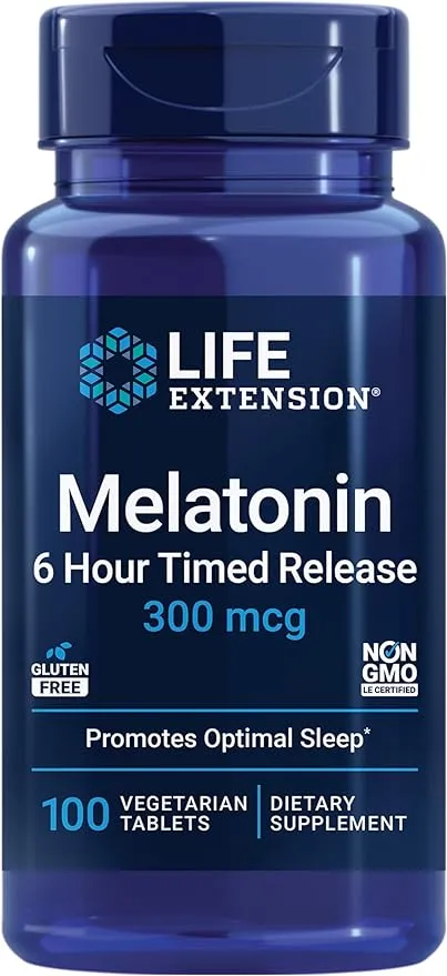 Life Extension Melatonin 6 Hour Timed Release, 300 mcg, Extended-Release Formula for Gentle Sleep Support, Healthy circadian Rhythms, Cellular Defense, Gluten-Free, Non-GMO, Vegetarian, 100 Tablets