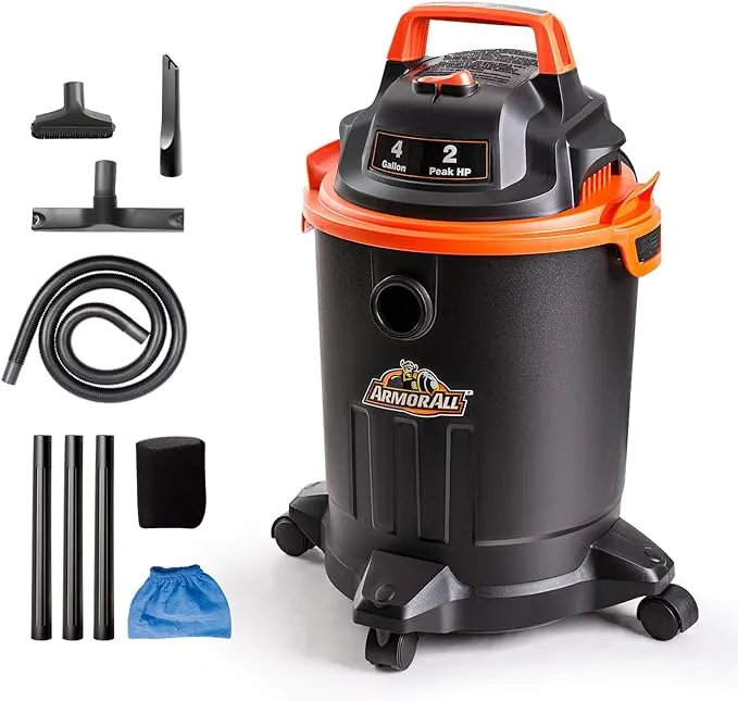 Armor All VO405P 0901 4 Gallon Wet/Dry VAC 2.0 Peak HP Shop Vacuum with Nozzles & Brush,Black/Orange