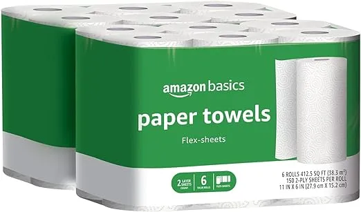 Amazon Basics 2-Ply Flex-Sheets Paper Towels, 12 Basics Rolls = 32 Regular Rolls, Everyday Value with 150 Sheets per Roll