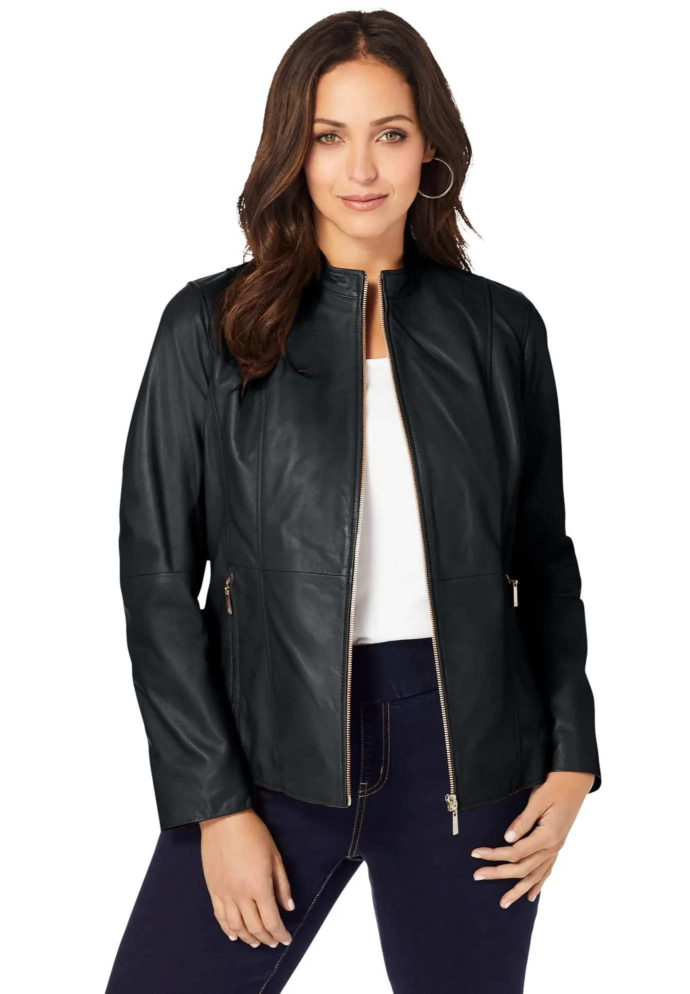 Jessica London Women's Plus Size Zip Front Leather Jacket - 26 W, Black