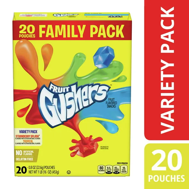 Fruit Gushers Fruit Snacks, Strawberry Splash, Tropical, Variety Pack, Family Pack - 20 pack, 0.8 oz pouches