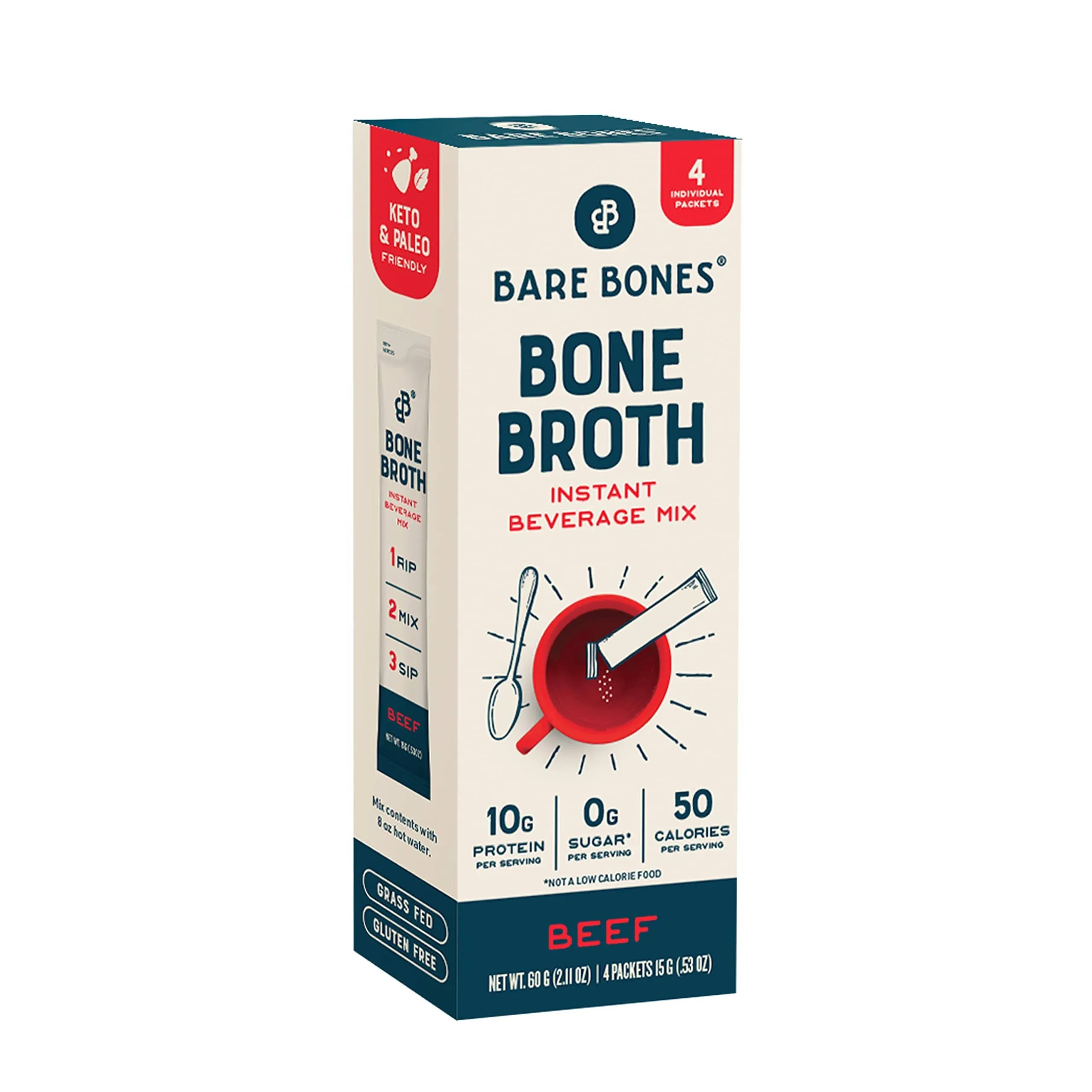 Bare Bones Bone Broth Mix, Beef - 4 pack, 15 g packets