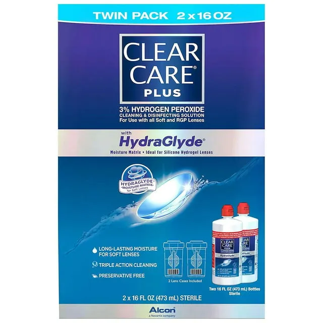 Clear Care Plus with Hydraglyde Cleaning & Disinfecting Solution Twin Pack with 2 Lens Cases Included 16 oz