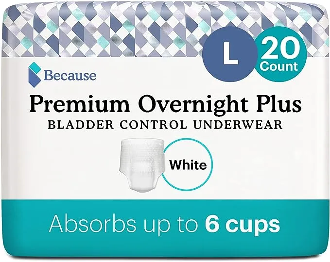 Because Premium Overnight Plus Pull Up Underwear 20 Ct Large White Unisex New