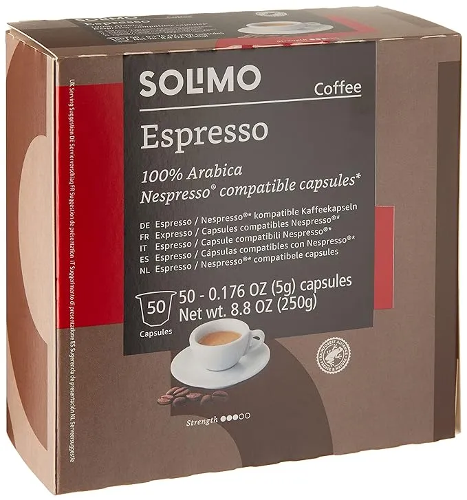 Amazon Brand - Solimo Lungo Capsules, Compatible with Nespresso Original Brewers, Medium Roast, 50 Count (Pack of 1)