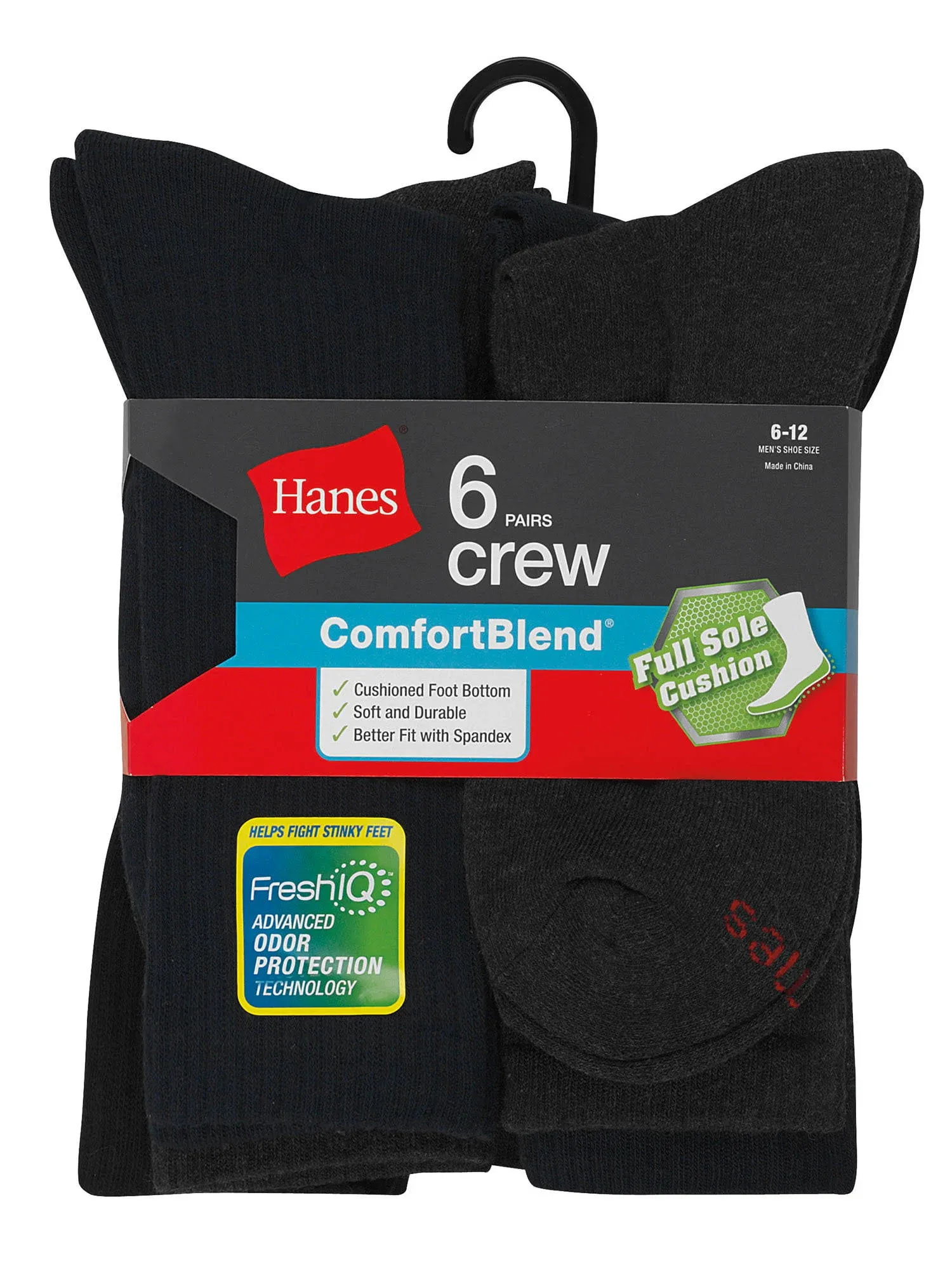 Hanes Men's Comfortblend Cushioned Casual Solid Crew Socks, 6-Pair Pack