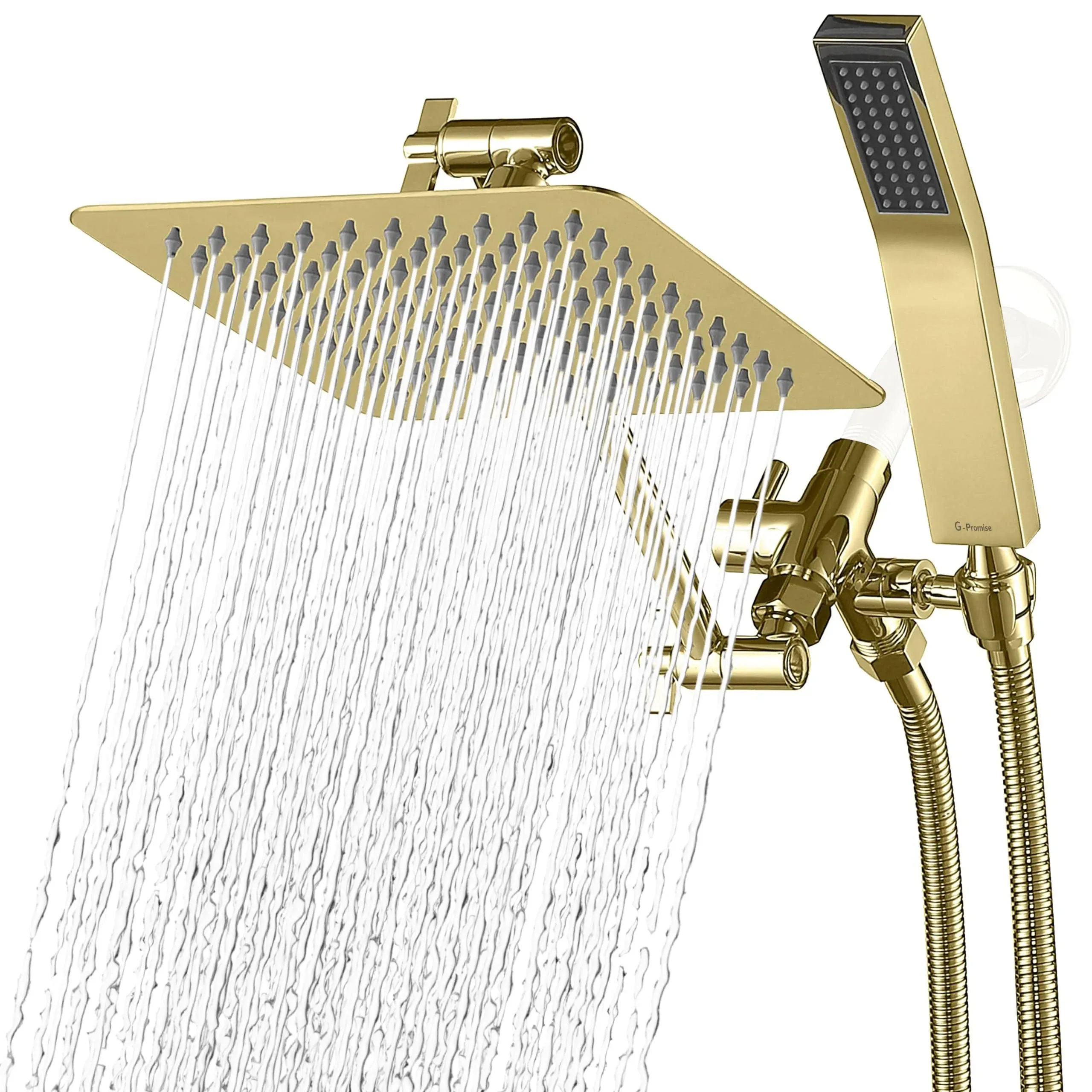 G-Promise All Metal 8" Dual Square Shower Head Combo | Rain Shower Head | Handheld Shower Wand | Adjustable Arm | Smooth 3-Way Diverter | 71" Extra Long Hose - A Bathroom Upgrade (Polished Brass)