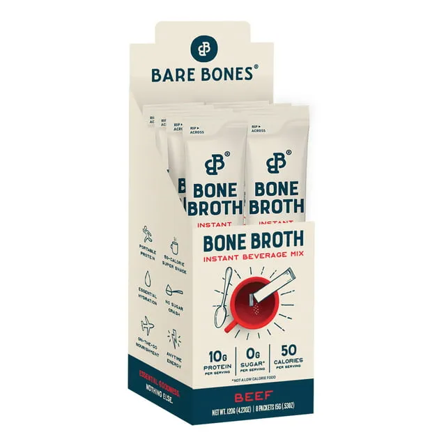 Bare Bones Bone Broth Instant Powdered Mix, Thai Coconut, Pack of 8, 15g Sticks, 10g Protein, Keto & Paleo Friendly Bone Broth Packets