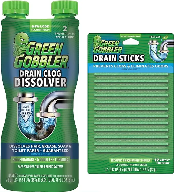 Green Gobbler Liquid Hair Drain Clog Remover | For Toilets, Sinks, Tubs & Fresh Scent Drain Sticks | 12 Pack | Drain Cleaner & Deodorizer - Packaging May Vary