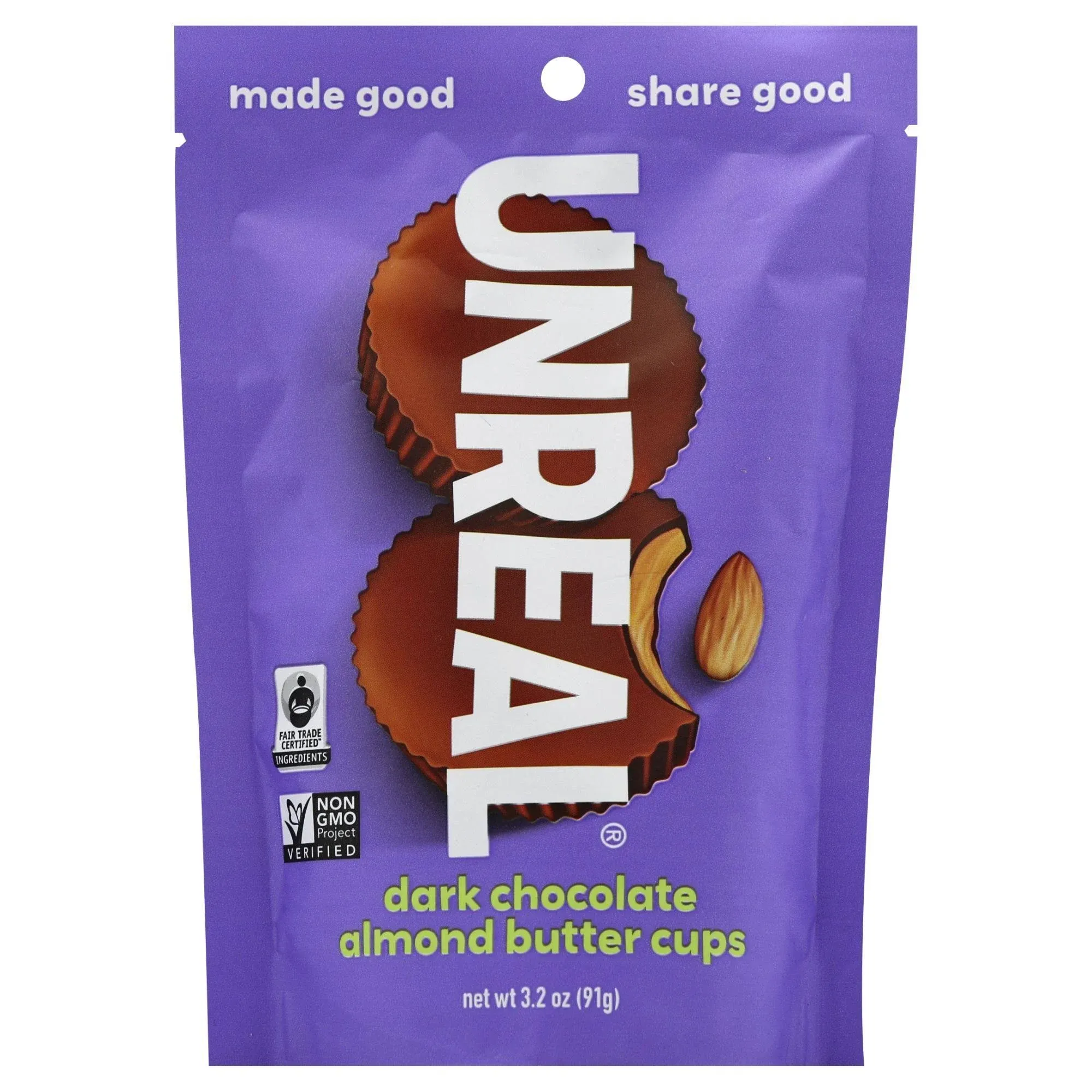 Unreal Chocolate Almond Butter Cups, 3.2 Oz, Pack Of 2 Bags