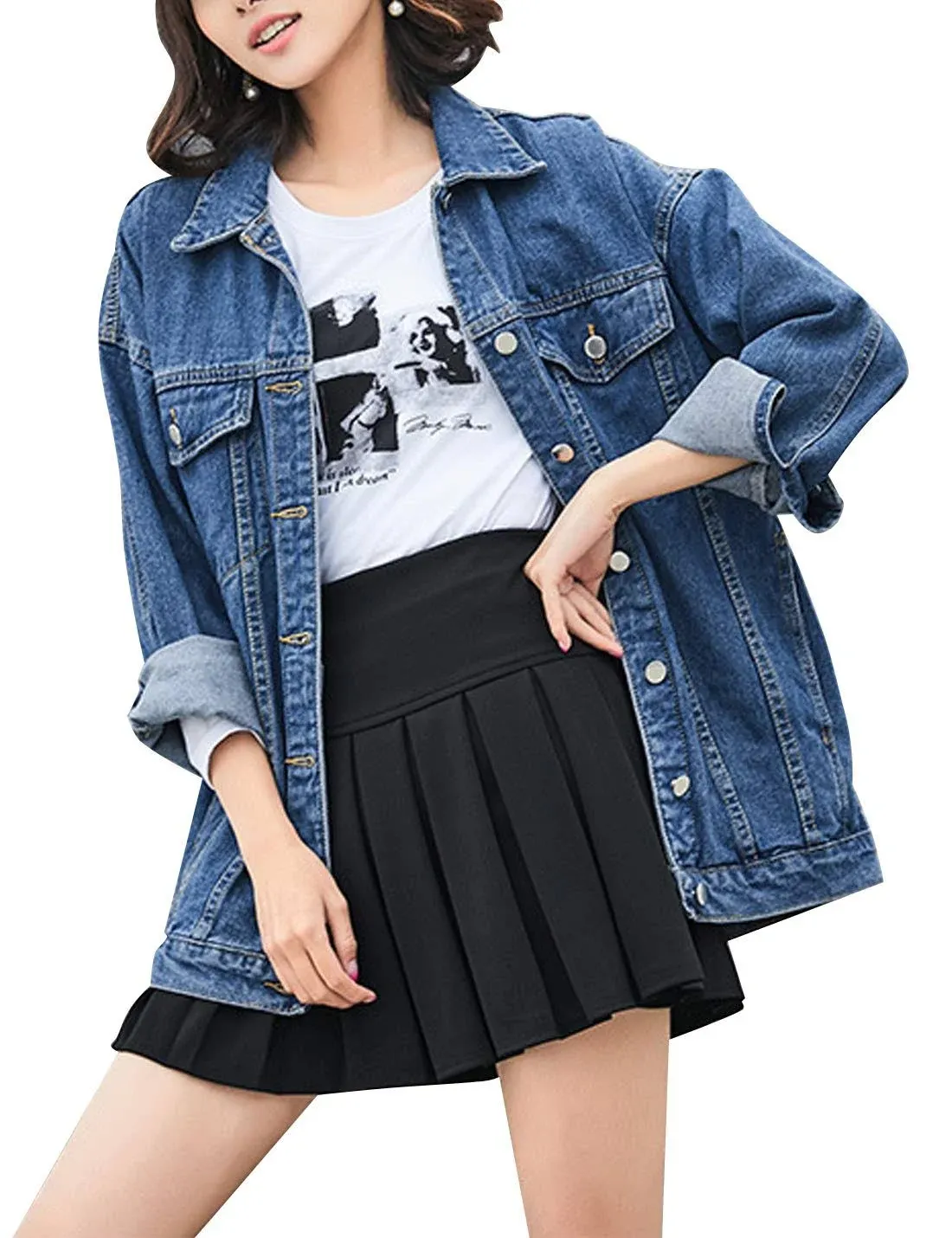 Omoone Women's Oversized Mid Long Denim Jacket Jean Biker Coat