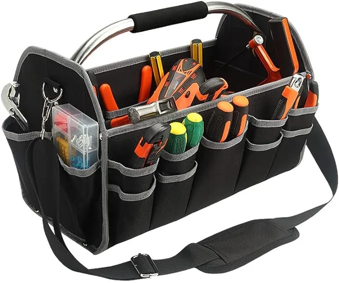 16in Tool Bag, Electrician Tool Bag, Open Top Tool Bags, Material Tool Caddy with 16 External Pockets, Steel Handle and Shoulder Strap