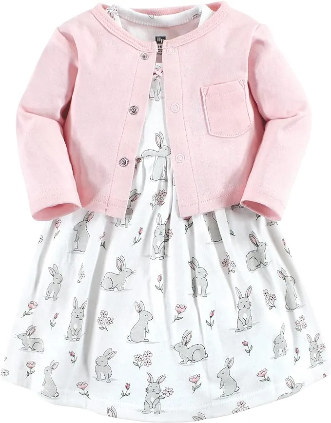 Hudson Baby Infant and Toddler Girl Cotton Dress and Cardigan Set, Bunny Floral, 5 Toddler