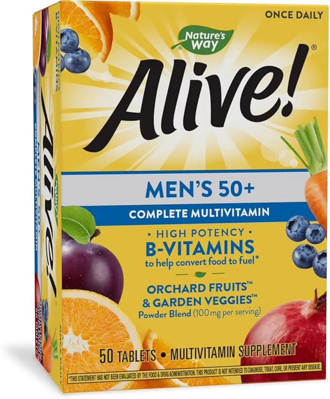 Nature's Way Alive! Men’s 50+ Complete Multivitamin, Supports Multiple Body Systems*, Supports Cellular Energy*, High Potency B-Vitamins, Gluten-Free, 50 Tablets