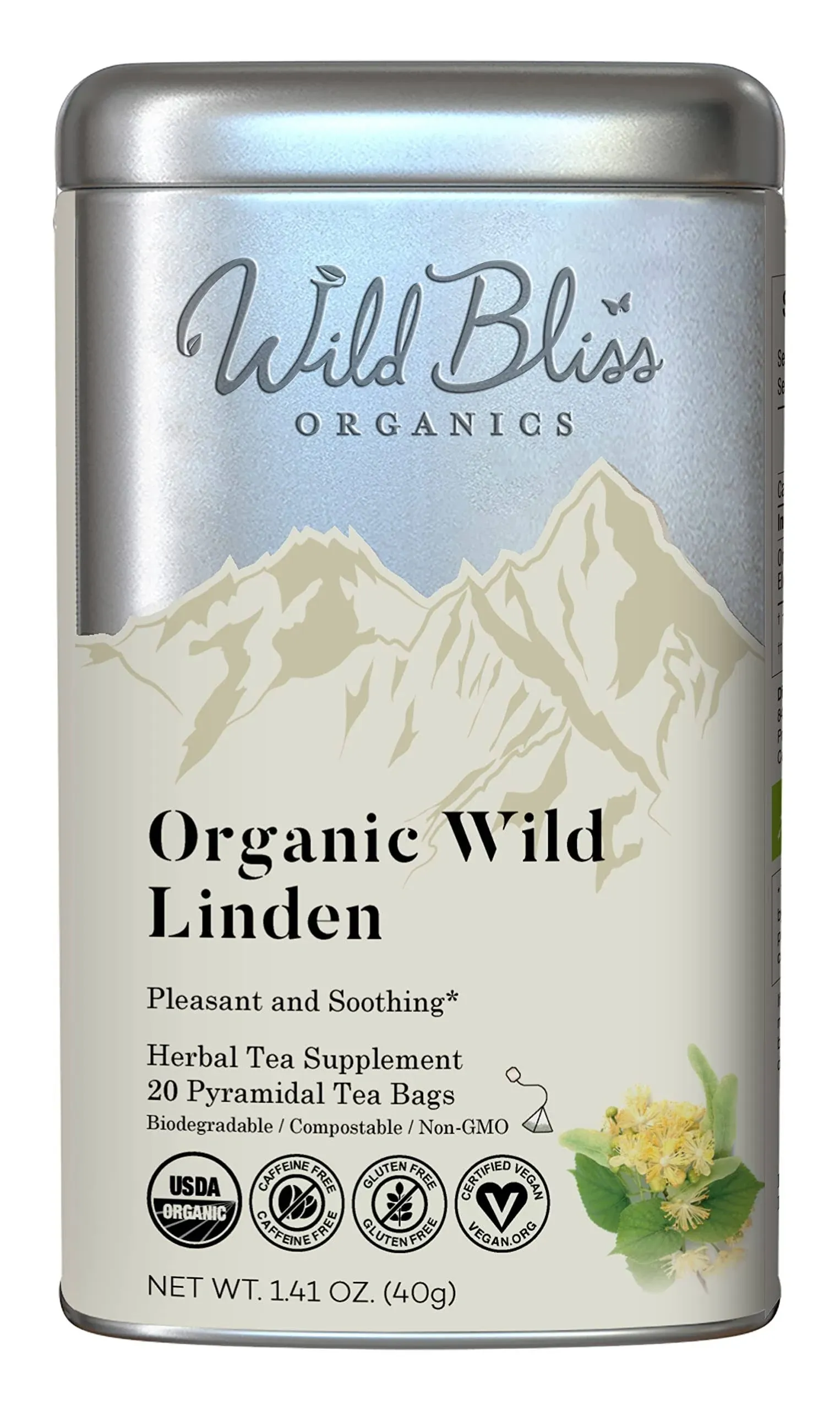 Wild Bliss Organic Linden Flower Herbal Tea - Caffeine Free Tisane - 20 Plant Based Tea Bags