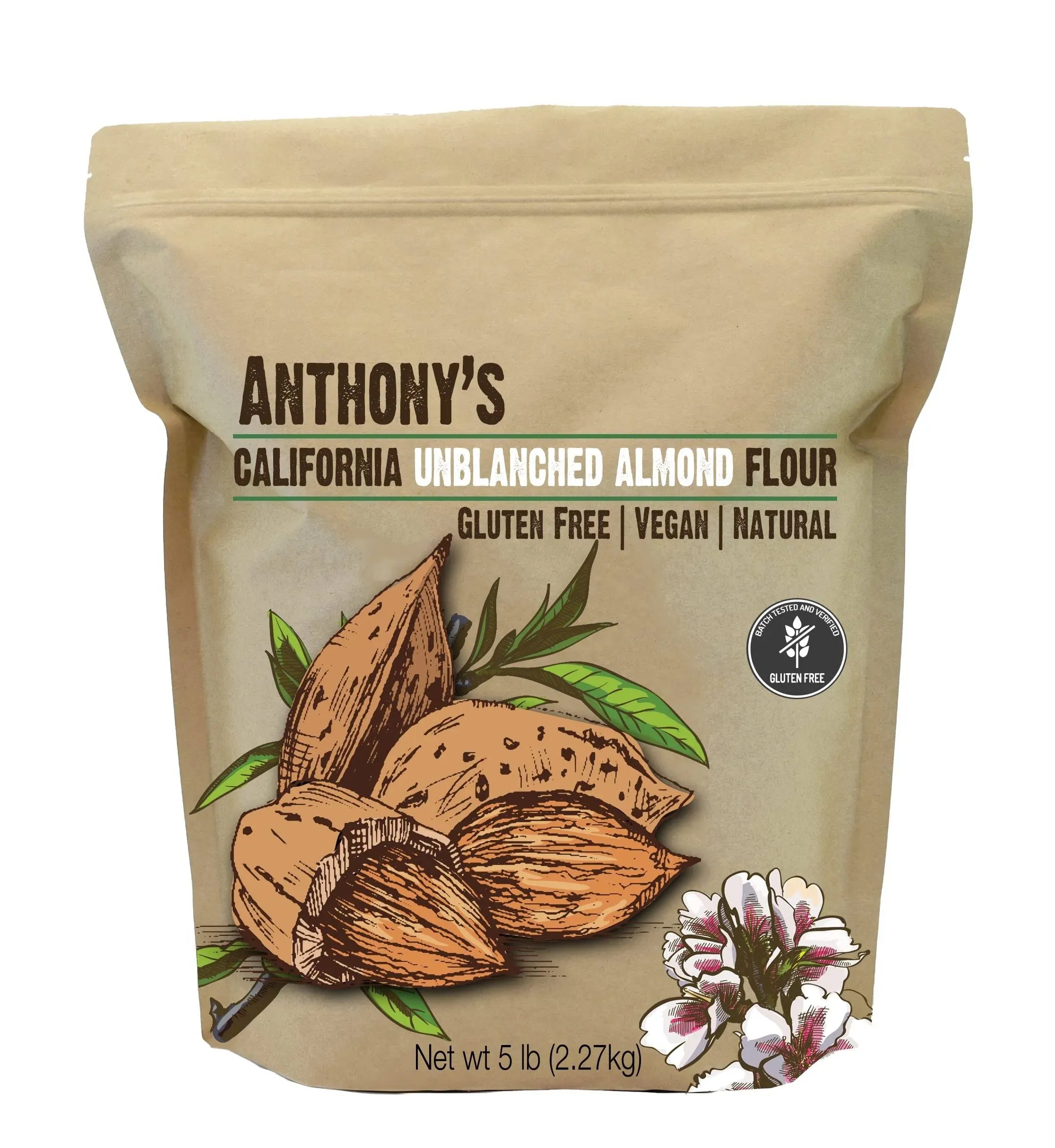 Anthony's Almond Meal Flour, Natural Unblanched, 5lbs, Batch Tested Gluten Free