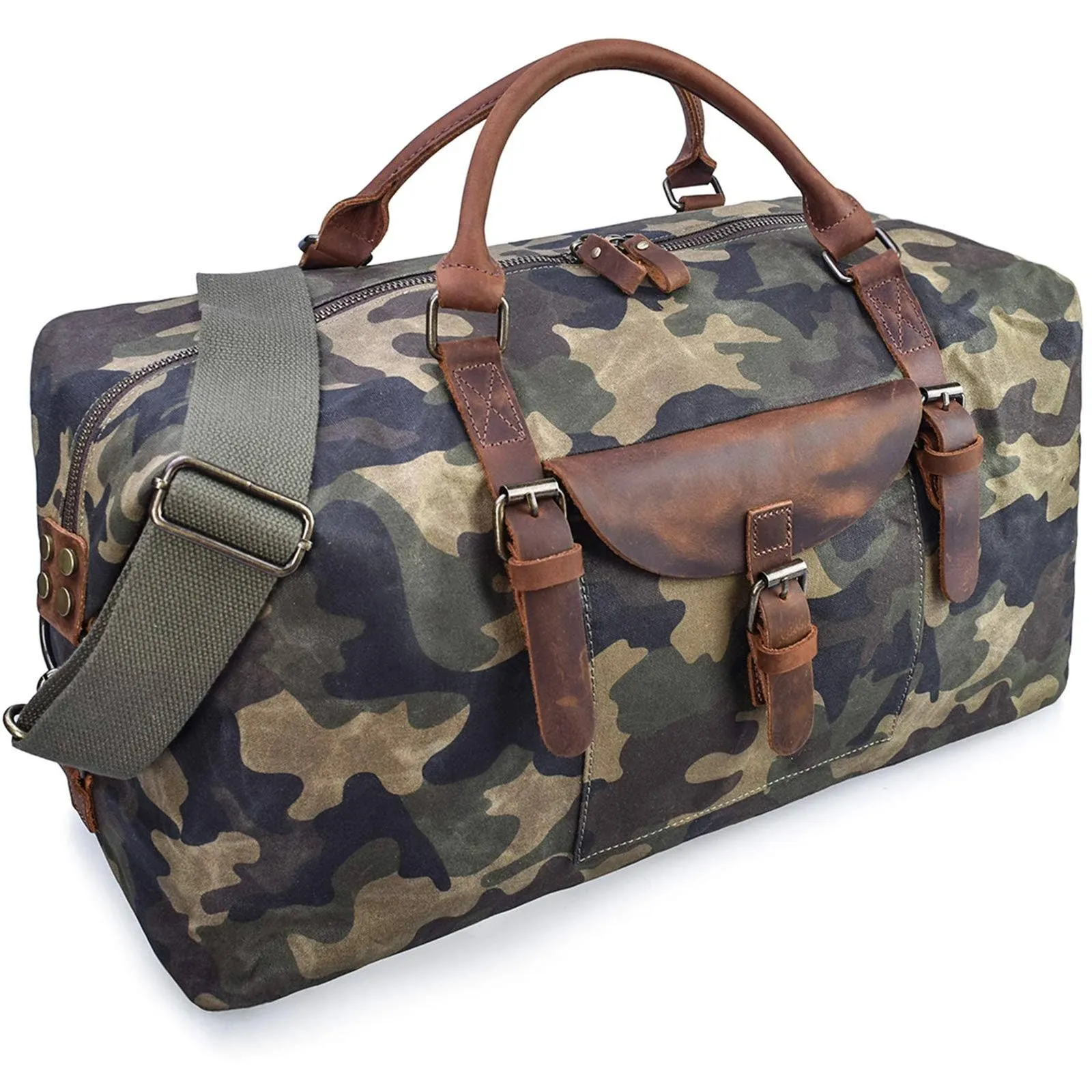 Oversized Travel Duffel Bag Waterproof Canvas Genuine Leather Weekend Bag Weekender Overnight