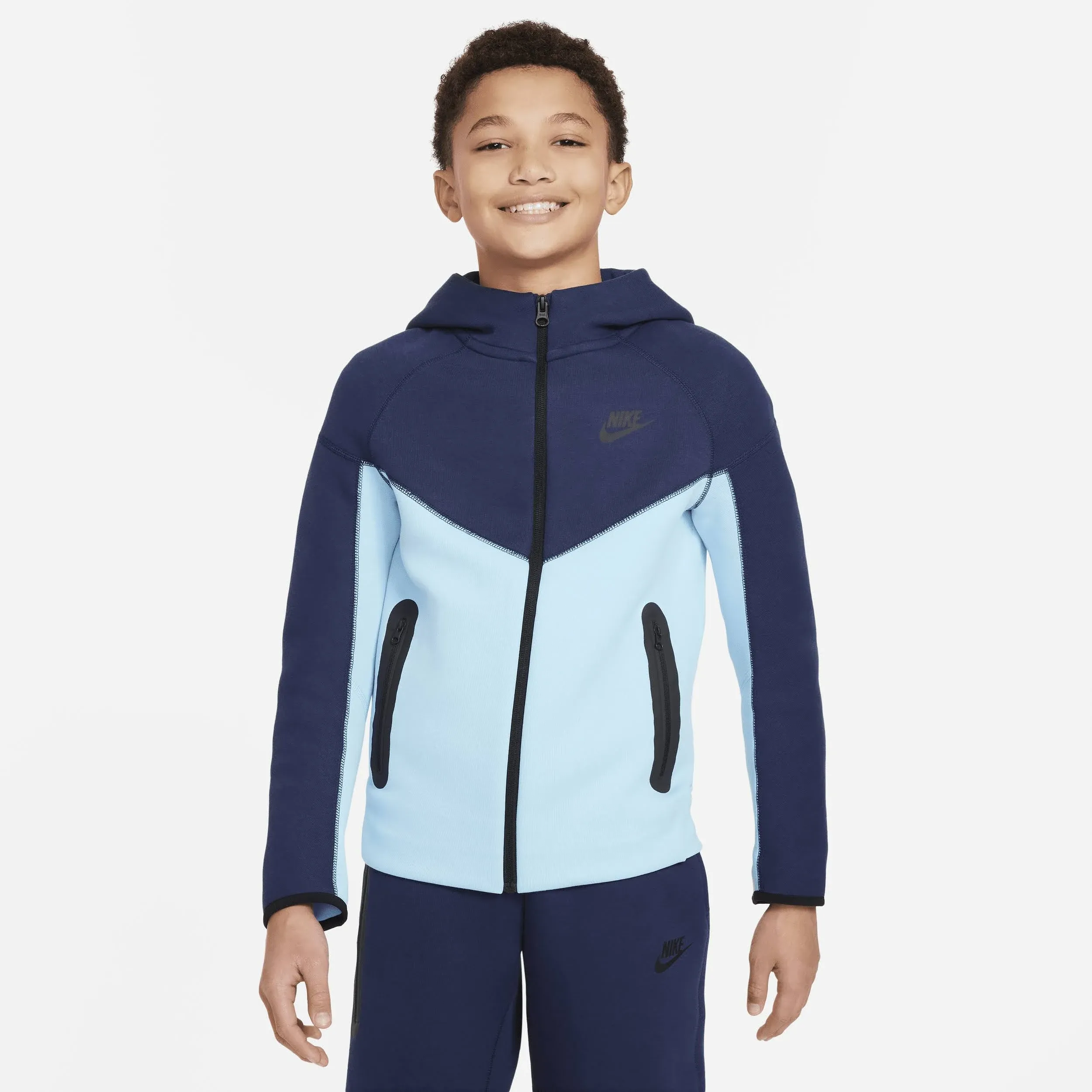 Nike Boys NSW Tech Fleece Full-Zip Hoodie - Midnight Navy/Aquarius Blue/Black Size XS