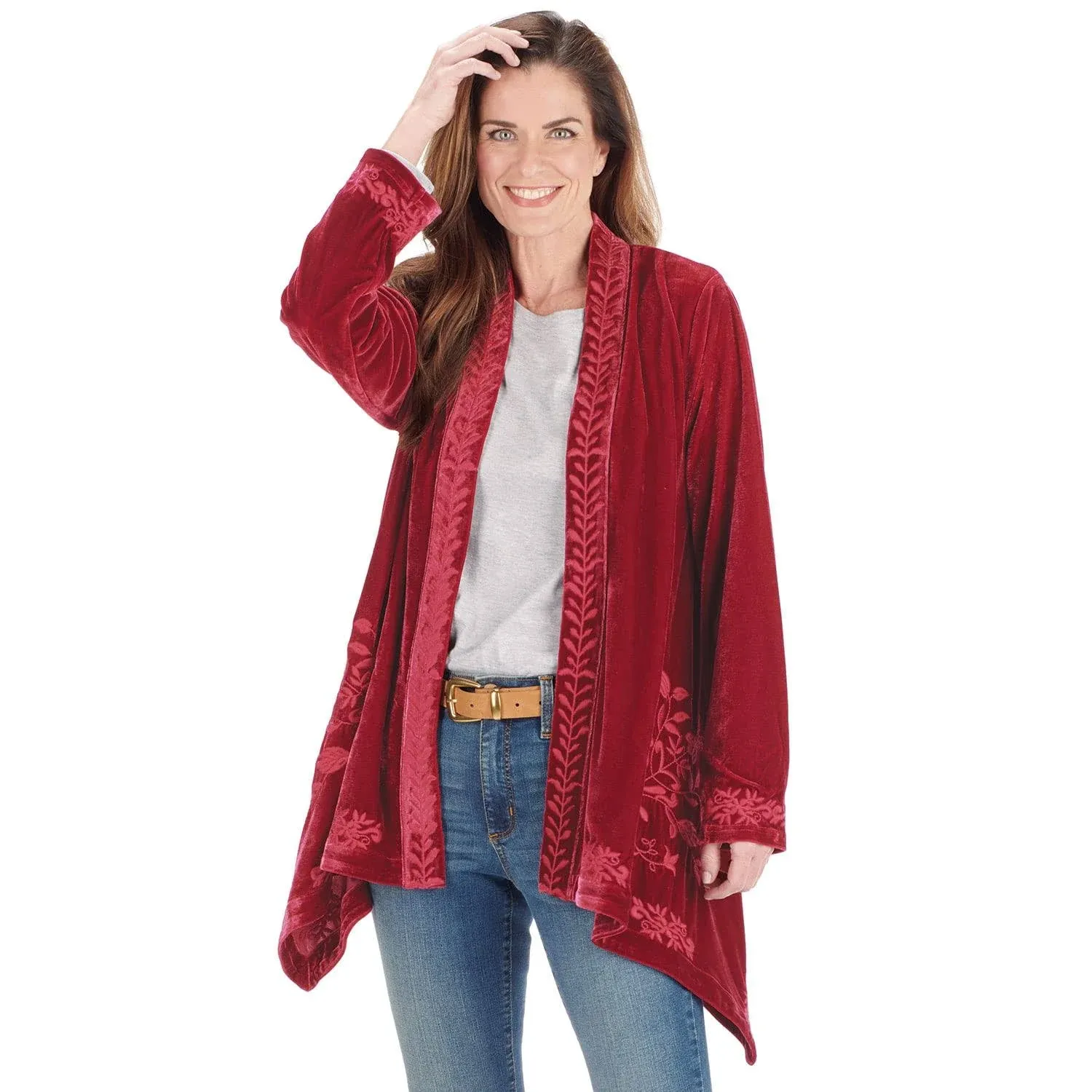 Floral Embroidered Velvet Kimono Cardigan