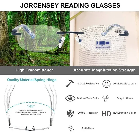 JORCENSEY 3 Pack Rimless Reading Glasses for Women Men Blue Light Blocking ...