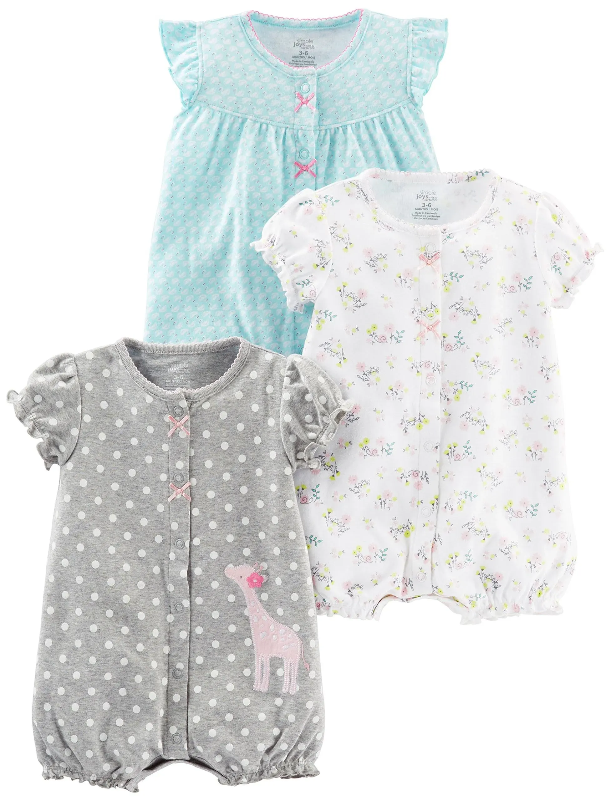 Simple Joys by Carter's Baby Girls' Snap-Up Rompers, Pack of 3, Blue Swan/Grey ...