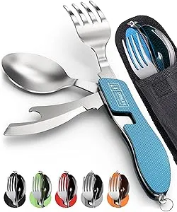 Orblue 4-in-1 Camping Utensils, 2-Pack - Portable Stainless Steel Spoon, Fork, Knife & Bottle Opener Combo Set - Travel, Backpacking Cutlery Multitool, Blue