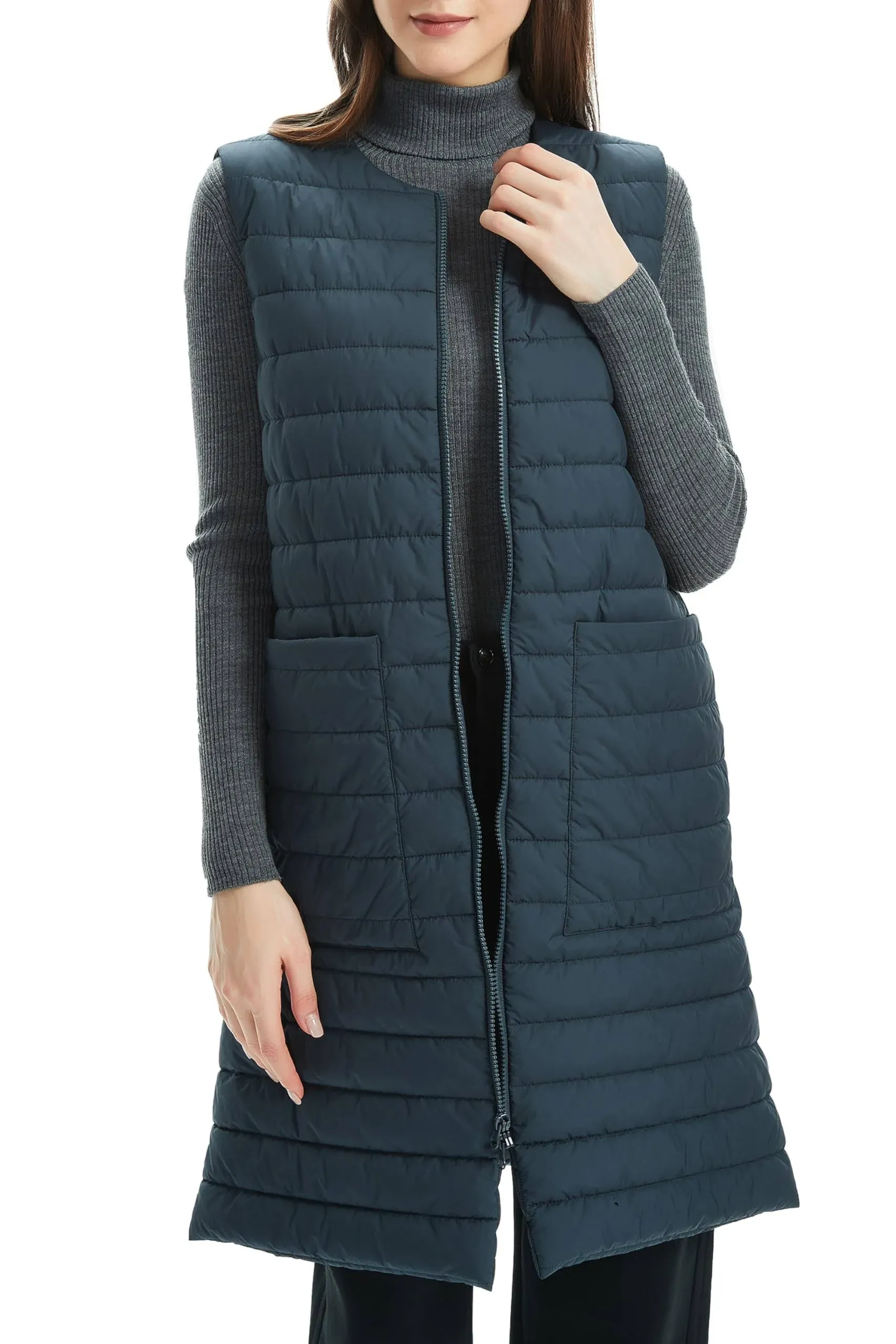 Women Long Puffer Vest Down Quilted Lightweight Sleeveless Jacket with Pockets