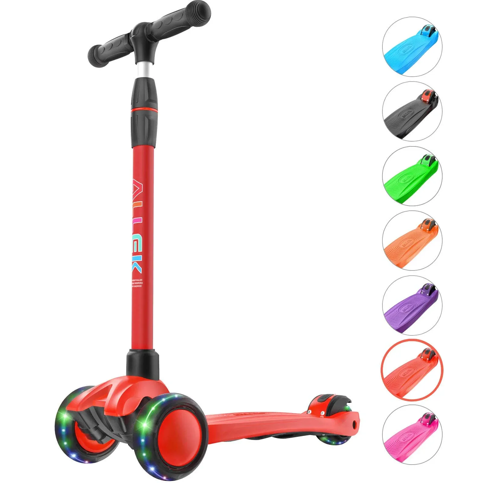 Allek Kick Scooter B03, Lean N Glide 3-Wheeled Push Scooter with Extra Wide PU Light-Up Wheels, Any Height Adjustable Handlebar