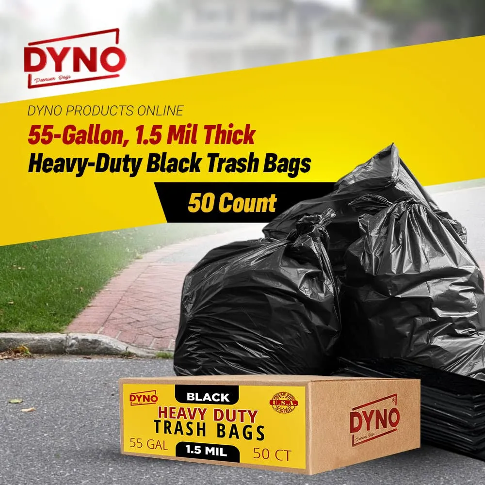 Dyno Products Online 55-Gallon, 1.5 Mil Thick Heavy-Duty Black Trash Bags, 50 Count - Large Plastic Garbage Liners Fits Huge Cans for Home Garden Lawn Yard Recycling Construction & Commercial Use