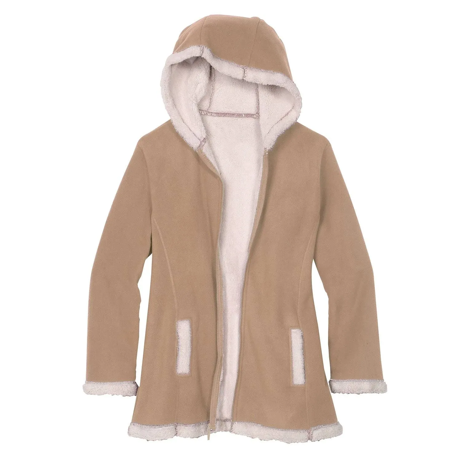 Totes Womens Fleece Zip Up Jacket Hooded Sherpa Lined Fleece Coat, Beige