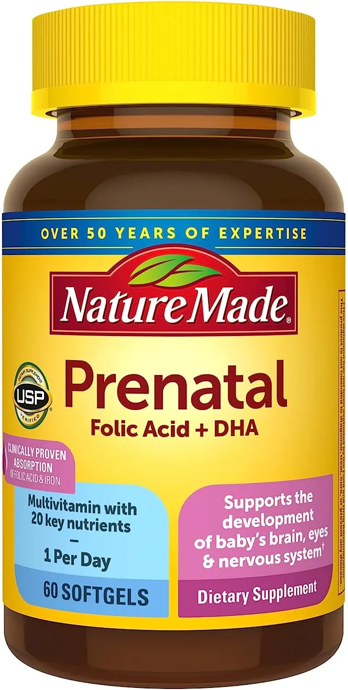 Nature Made Prenatal with Folic Acid + DHA, Prenatal Vitamin and Mineral Supplement for Daily Nutritional Support, 60 Softgels, 60 Day Supply