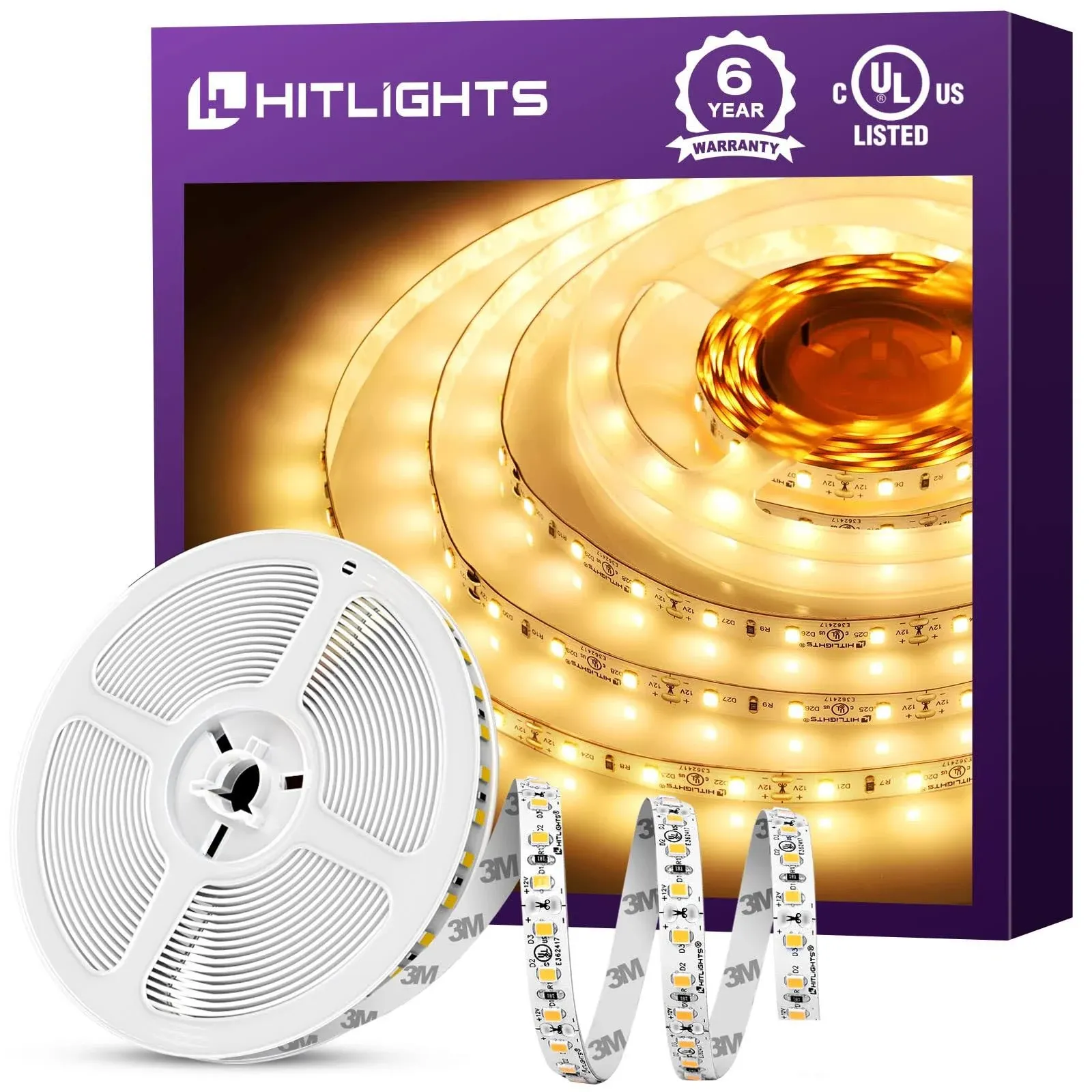 HitLights LED Strip Lights Warm White 3000K, 16.4ft High Density Tape Light, UL-Listed, 600 LEDs, 300Lm/ft, 12V Flexible Dimmable Rope Lights for Bedroom, Kitchen, Cabinet (Power Source Not Included)