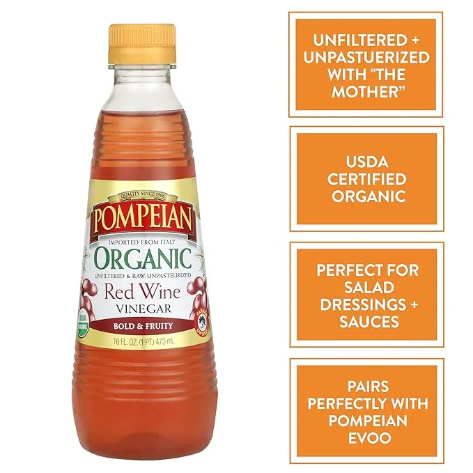 Pompeian Gourmet Organic Red Wine Vinegar, Unfiltered & Unpasteurized, Perfect for Marinades, Salad Dressings & Sauces, 16 FL. OZ.