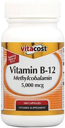 Vitacost
           Vitamin B-12 Methylcobalamin -- 5000 mcg - 100 Capsules
        
        
        
        
        
          
          SKU #: 835003001804
          
            Shipping Weight:
              0.115 lb
            
          
          
            Servings:
              100