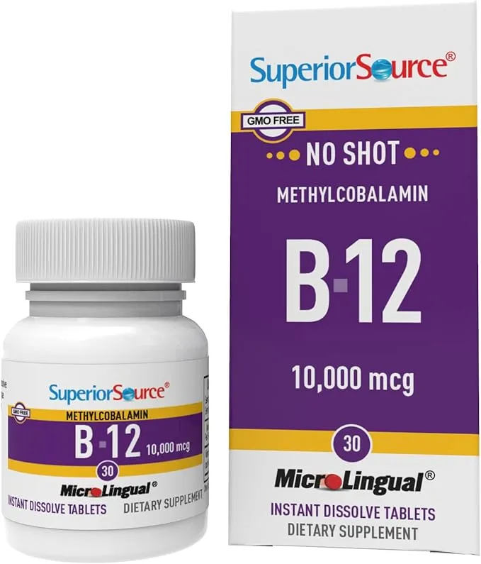 Superior Source No Shot Vitamin B12 Methylcobalamin 10000 mcg, Quick Dissolve MicroLingual Tablets, 30 Count, Active Form of B12, Supports Energy Production, Nervous System Support, Non-GMO