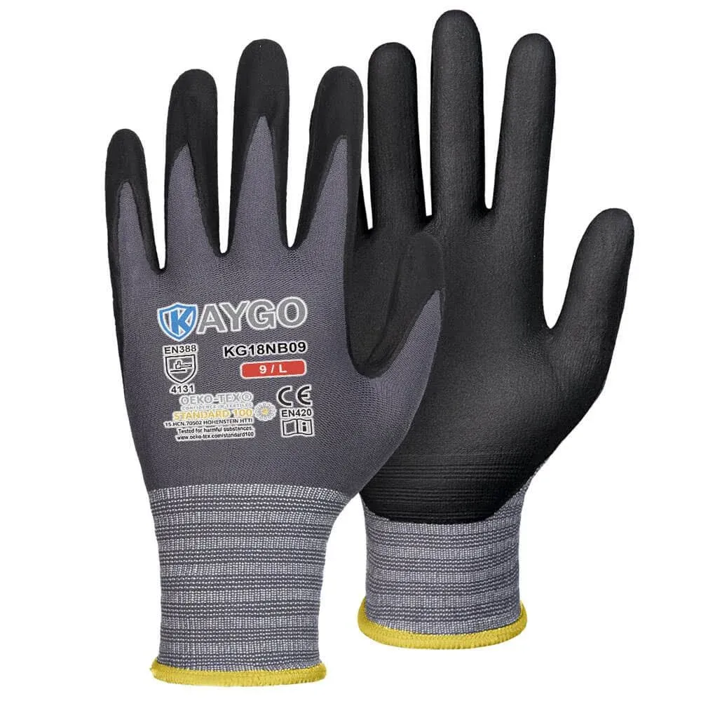 KAYGO Safety Work Gloves MicroFoam Nitrile Coated-3 Pairs KG18NB,Seamless Knit Nylon Glove with Black Micro-Foam Nitrile Grip,Ideal for General