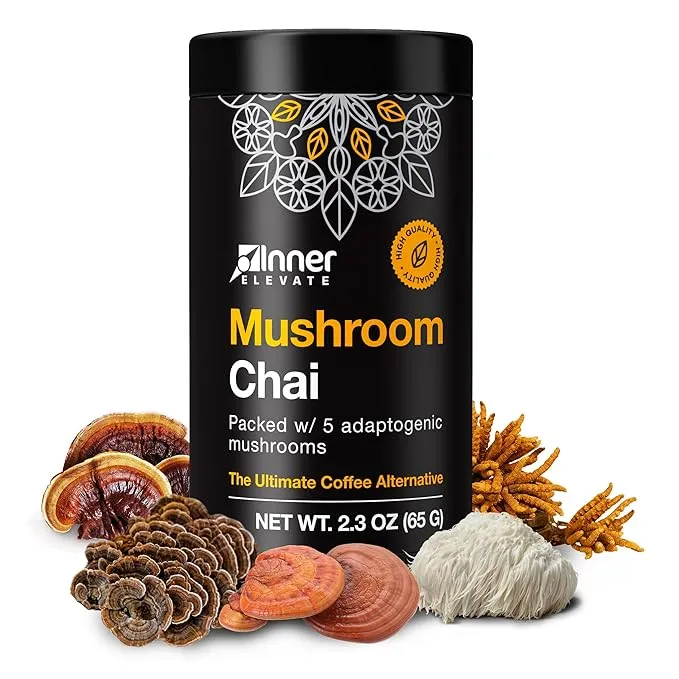 Inner Elevate Mushroom Chai - Ultimate Coffee Alternative - Adaptogenic Mushroom Drink with Lion's Mane, Cordyceps, Chaga, Reishi, Turkey Tail (30