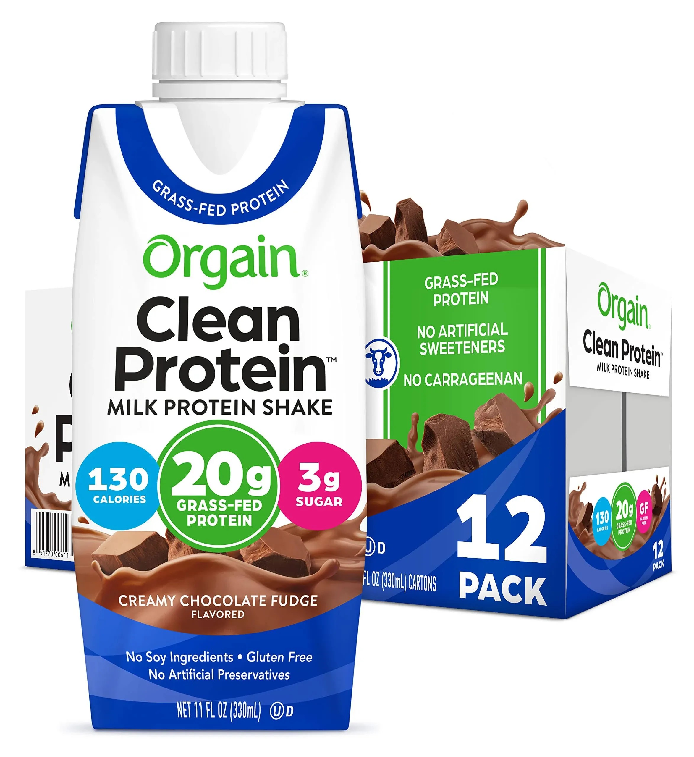 Orgain Grass-Fed Protein Shake, Creamy Chocolate Fudge - 12 pack, 11 fl oz cartons