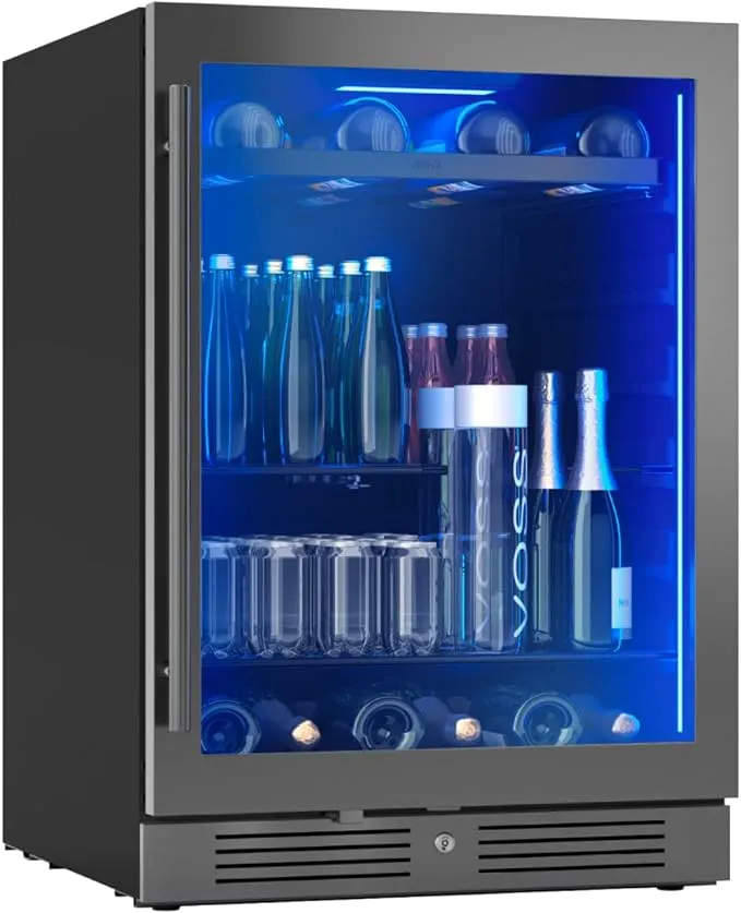 Zephyr 24" Wine Fridge & Beverage Refrigerator Single Zone Under Counter - Mini Wine Cooler Cellars Small Beer Cabinet Drink Chiller Freestanding with French Glass Door Black, 7 Bottles, 112 Cans