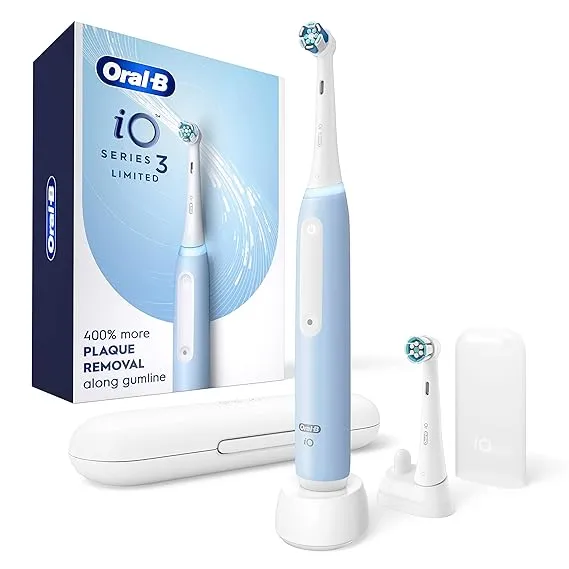 Oral-B IO Series 3 Limited Rechargeable Electric Powered Toothbrush, Blue with 2 Brush Heads and Travel Case - Visible Pressure Sensor to Protect Gums