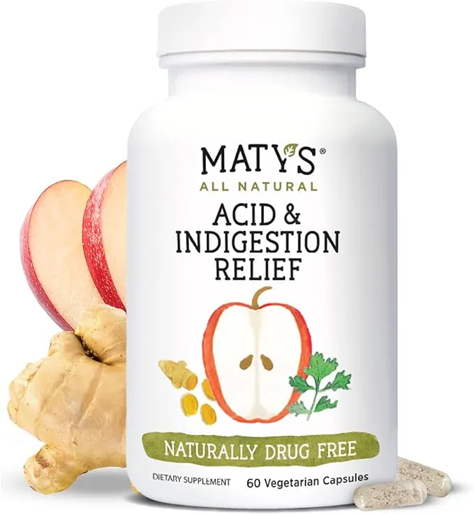 Matys Acid & Indigestion Relief Capsules, Safe Antacid Alternative for Occasional Acid Reflux & Heartburn, Made with Apple Cider Vinegar, Soy & Gluten Free Vegetarian Capsules, 60 Count, 30 Servings