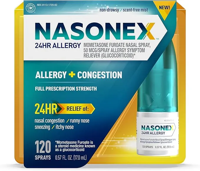 Nasonex 24HR Allergy Nasal Spray, Allergy + Congestion, Non-Drowsy Relief in Full Prescription Strength, 120 Spray