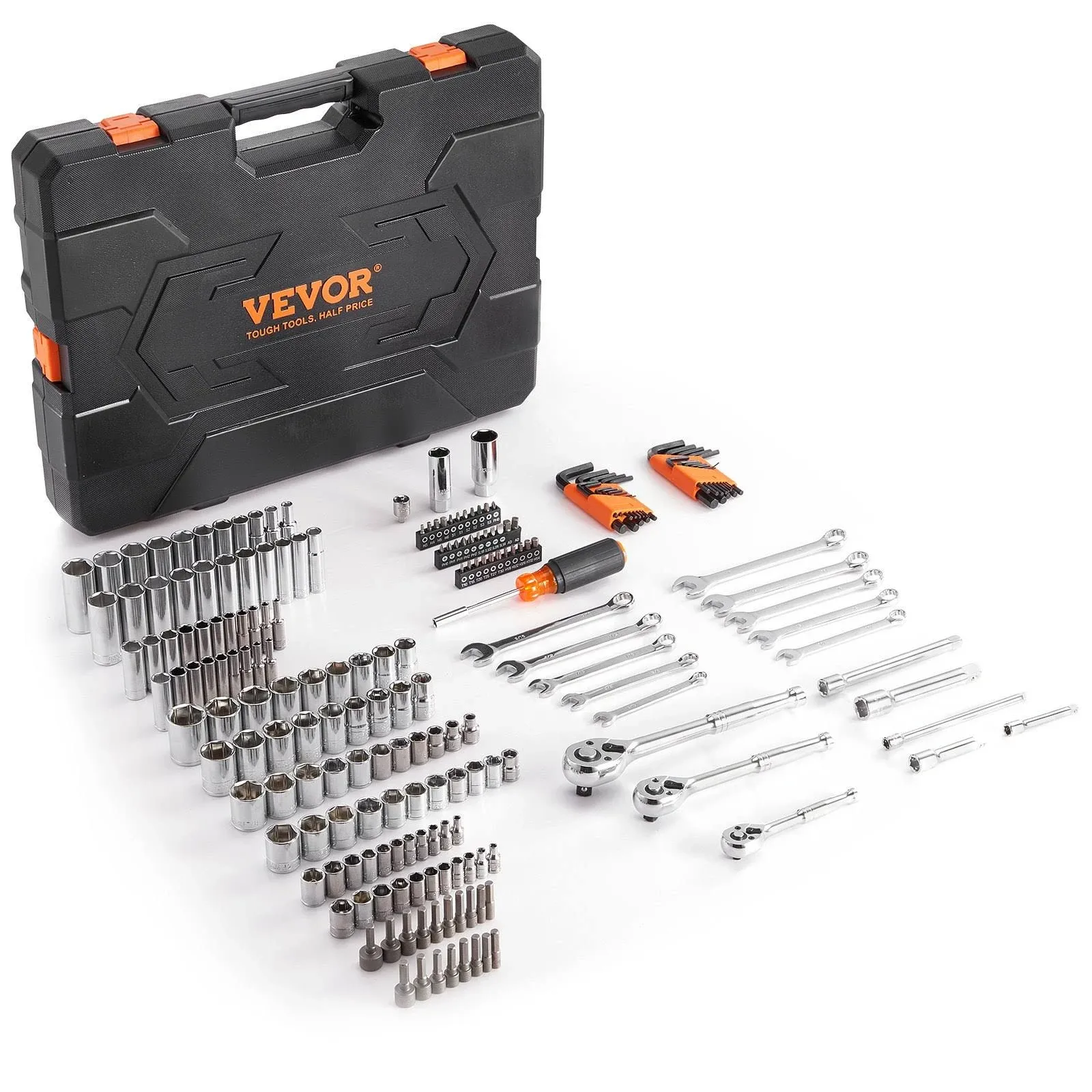 VEVOR Mechanics Tool Set, 205 Pcs SAE And Metric Sockets, 1/4 3/8 1/2 Drive Deep And Standard Sockets, Chrome Vanadium Steel, Polyethylene