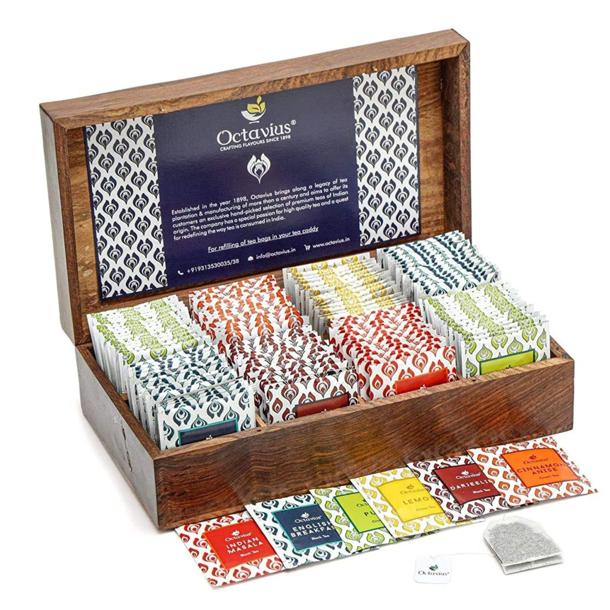 Octavius Assortment of Fine Black & Green Teas in Dark Wood Caddy Gift